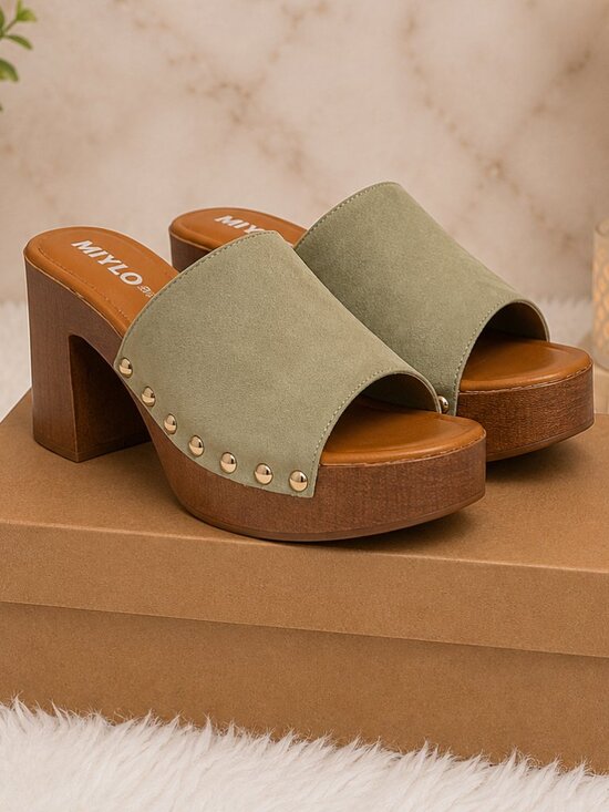 MIA Shoes - Women's Sage Green Studded Platform Mule Heels